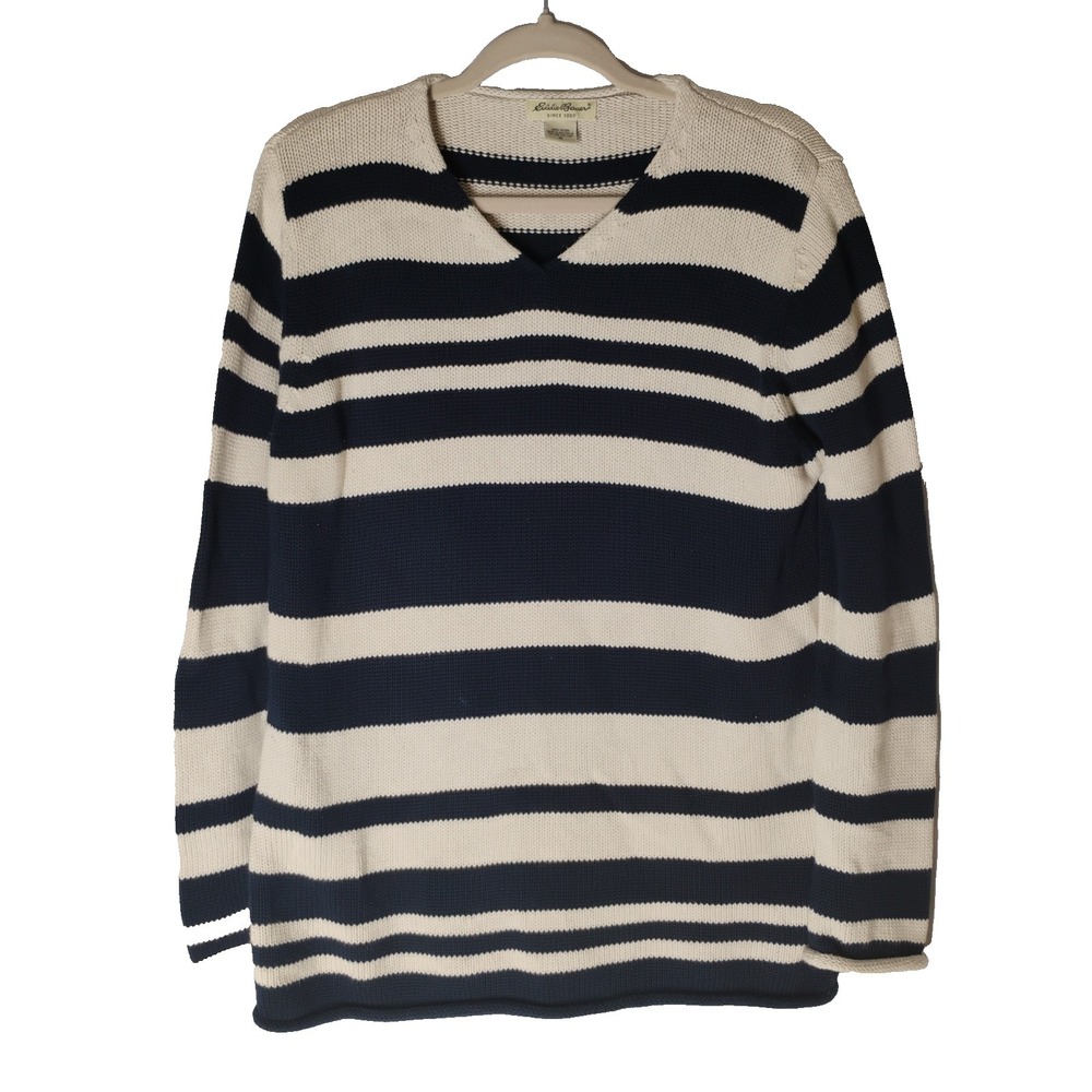 Vintage Eddie Bauer Womens MEDIUM Navy Blue/White Striped V-neck Sweater